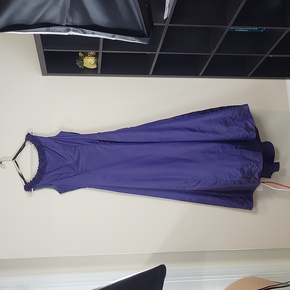 NIKI by NIKI LIVAS Royal Blue Leme' V-Back Rose Detail Maxi Bridesmaid Dress